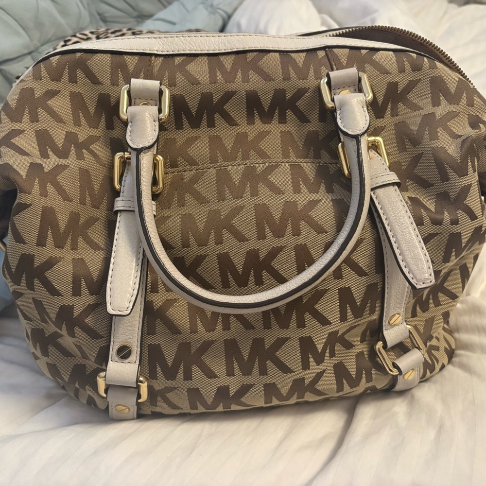 Michael Kors Tan and Brown Satchel with Monogram Print